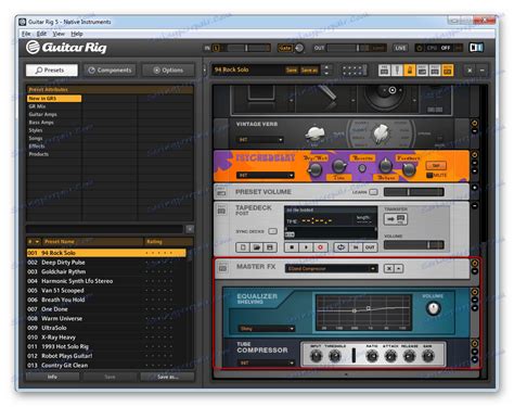 Доступные звуковые эффекты в Guitar Rig